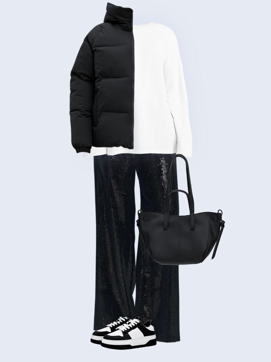 Образ с Вайлдберриз с артикулами (куртка ❄️, лонгслив, брюки, сумка, кеды)