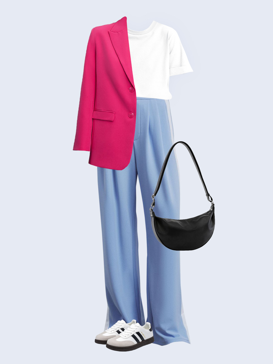 Образ с Вайлдберриз с артикулами (жакет, футболка, брюки, сумка, кеды)