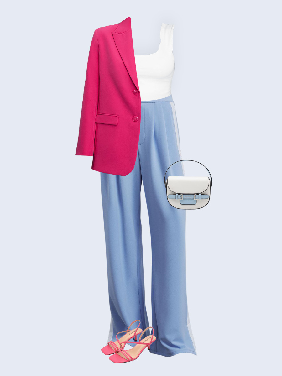 Образ с Вайлдберриз с артикулами (жакет, топ, брюки, сумка, босоножки)