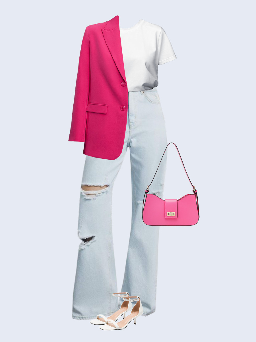 Образ с Вайлдберриз с артикулами (жакет, футболка, джинсы, сумка, босоножки)