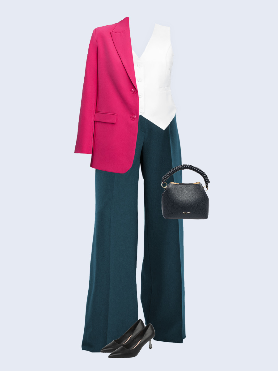 Образ с Вайлдберриз с артикулами (жакет, жилет, брюки, сумка, туфли)