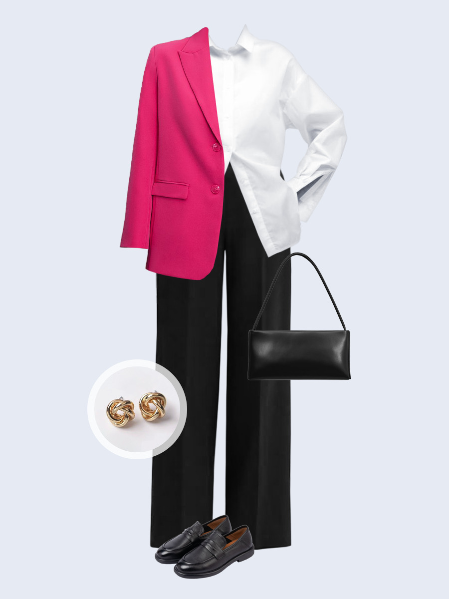 Образ с Вайлдберриз с артикулами (жакет, рубашка, брюки, сумка, лоферы, серьги)