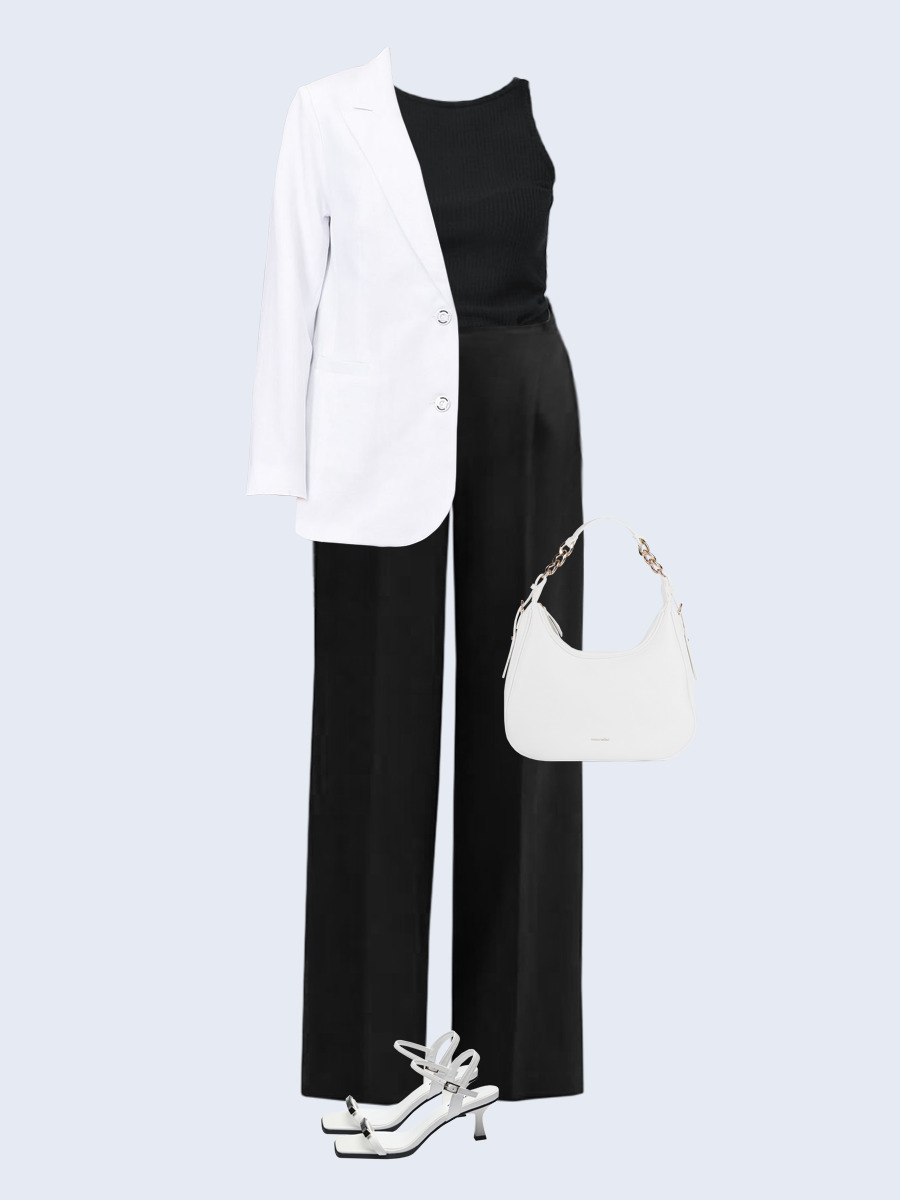 Образ с Вайлдберриз с артикулами (жакет, майка, брюки, сумка, босоножки)