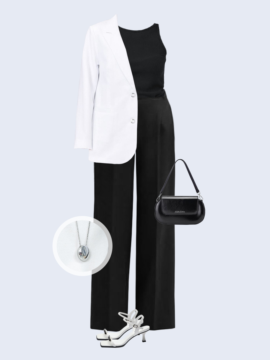 Образ с Вайлдберриз с артикулами (жакет, майка, брюки, сумка, босоножки, кулон)