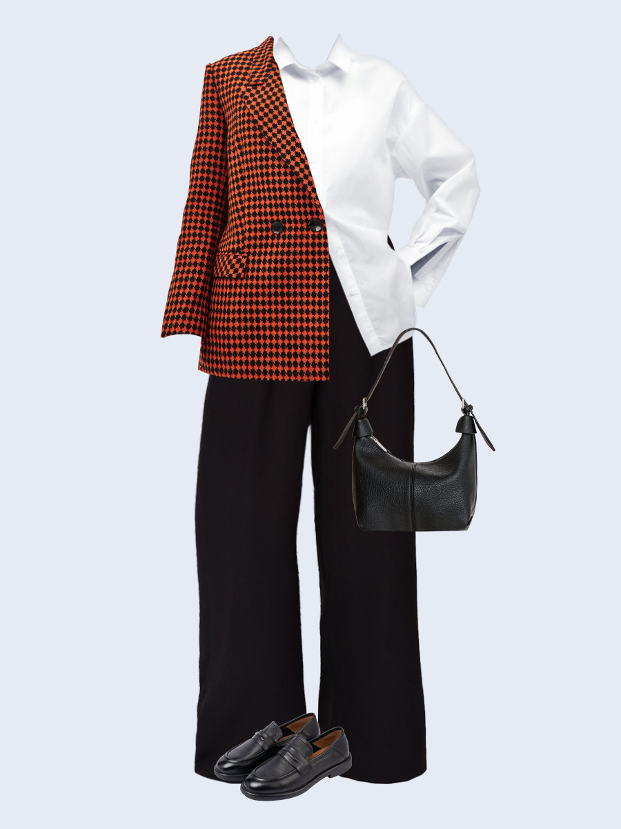 Образ с Вайлдберриз с артикулами (жакет, рубашка, брюки, сумка, лоферы)