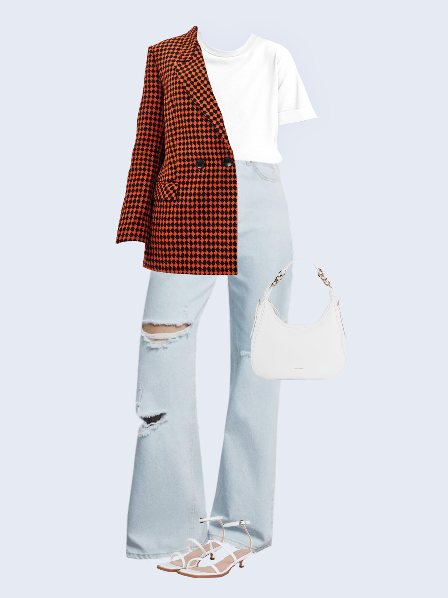 Образ с Вайлдберриз с артикулами (жакет, футболка, джинсы, сумка, босоножки)