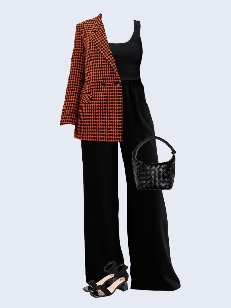 Образ с Вайлдберриз с артикулами (жакет, топ, брюки, сумка, босоножки)