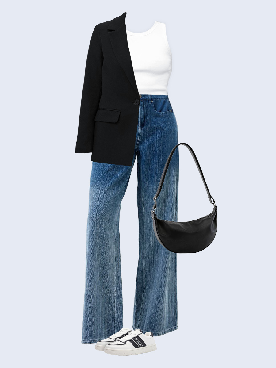 Образ с Вайлдберриз с артикулами (жакет, топ, джинсы, сумка, кеды)