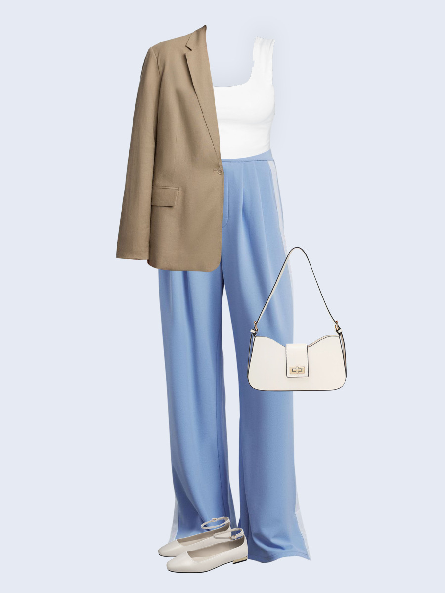 Образ с Вайлдберриз с артикулами (жакет, топ, брюки, сумка, балетки)