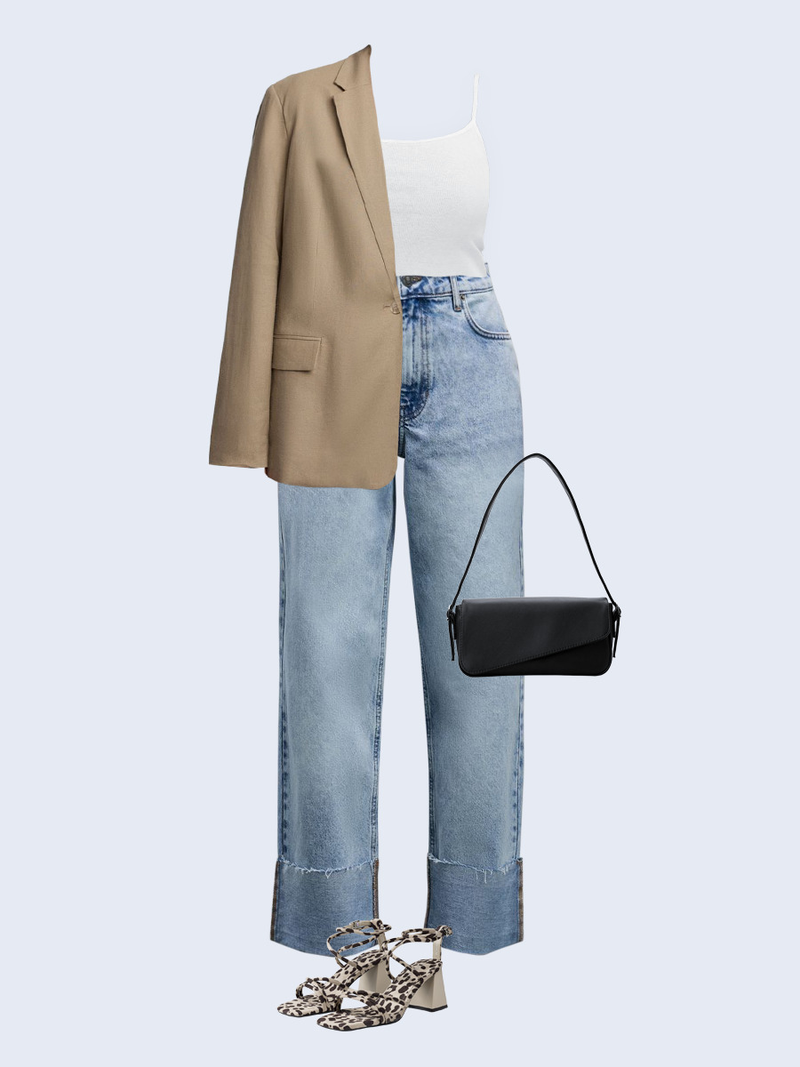 Образ с Вайлдберриз с артикулами (жакет, майка, джинсы, сумка, босоножки)