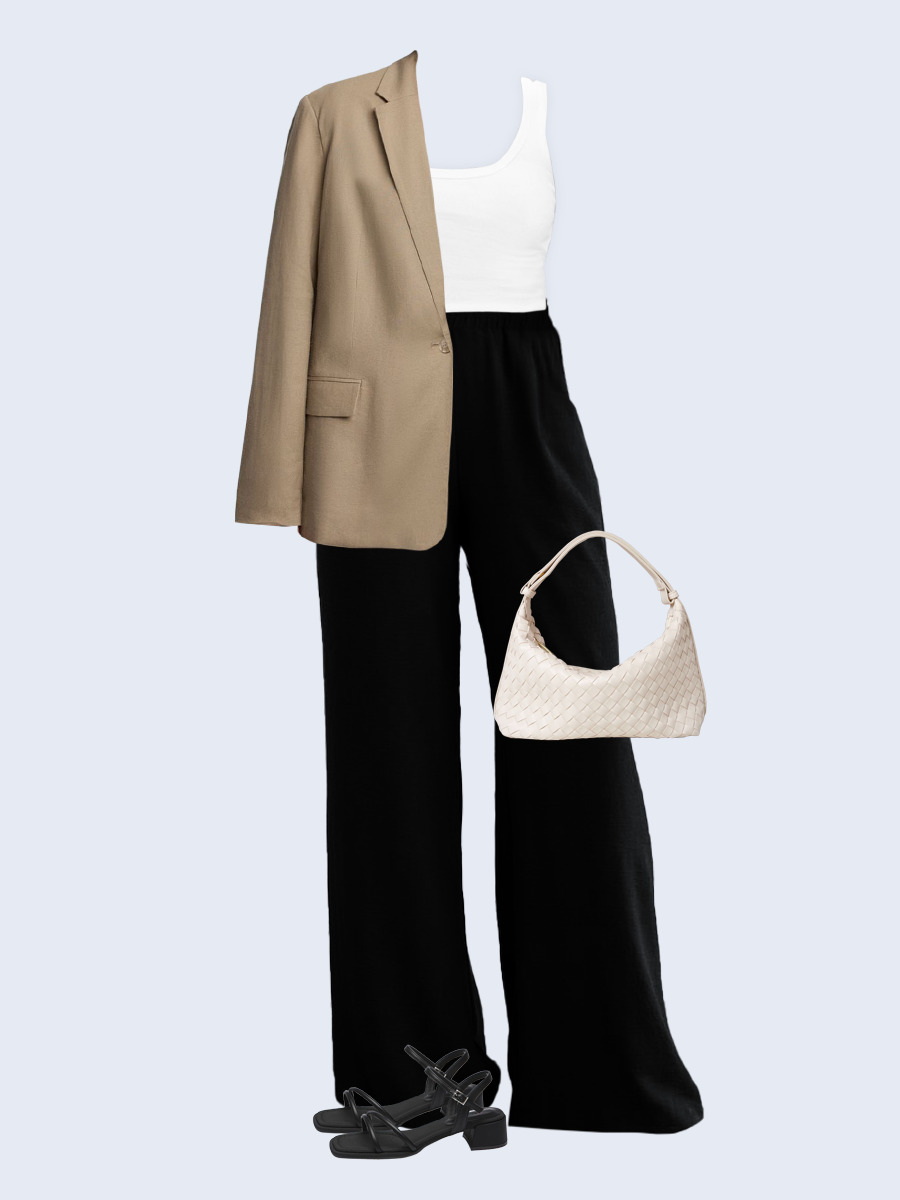 Образ с Вайлдберриз с артикулами (жакет, топ, брюки, сумка, босоножки)