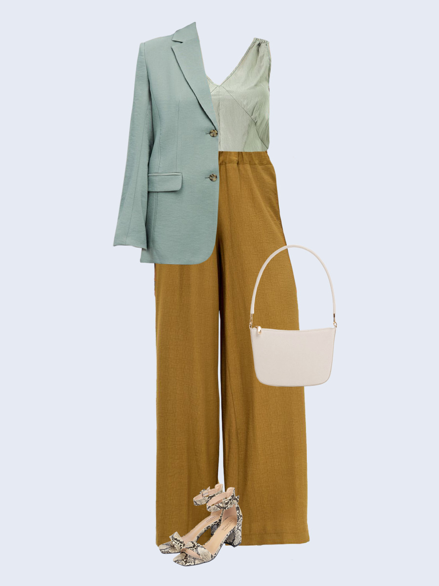 Образ с Вайлдберриз с артикулами (жакет, топ, брюки, сумка, босоножки)