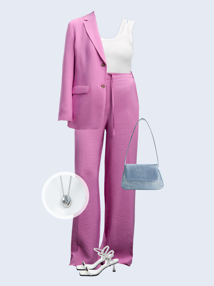 Образ с Вайлдберриз с артикулами (жакет, топ, брюки, сумка, босоножки, кулон)