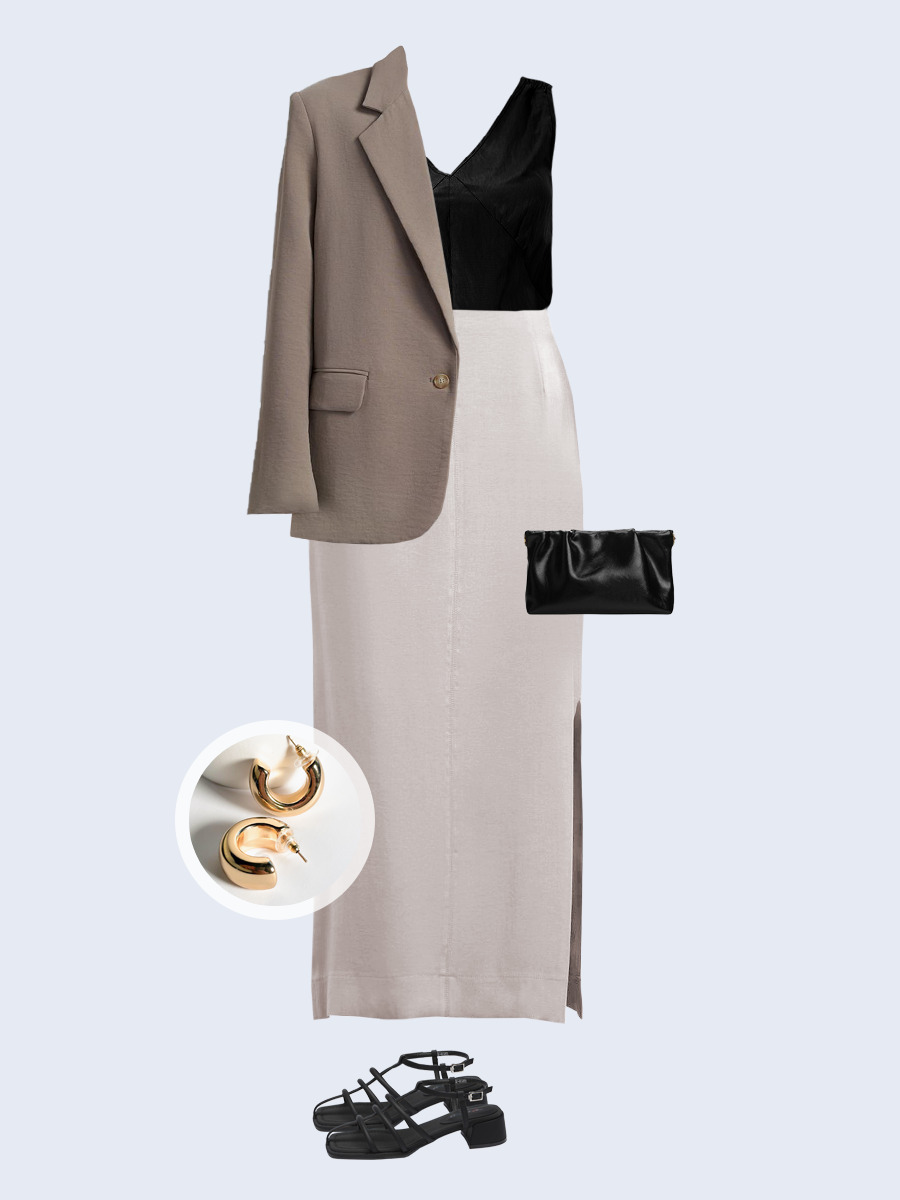 Образ с Вайлдберриз с артикулами (жакет, топ, юбка, сумка, босоножки, серьги)