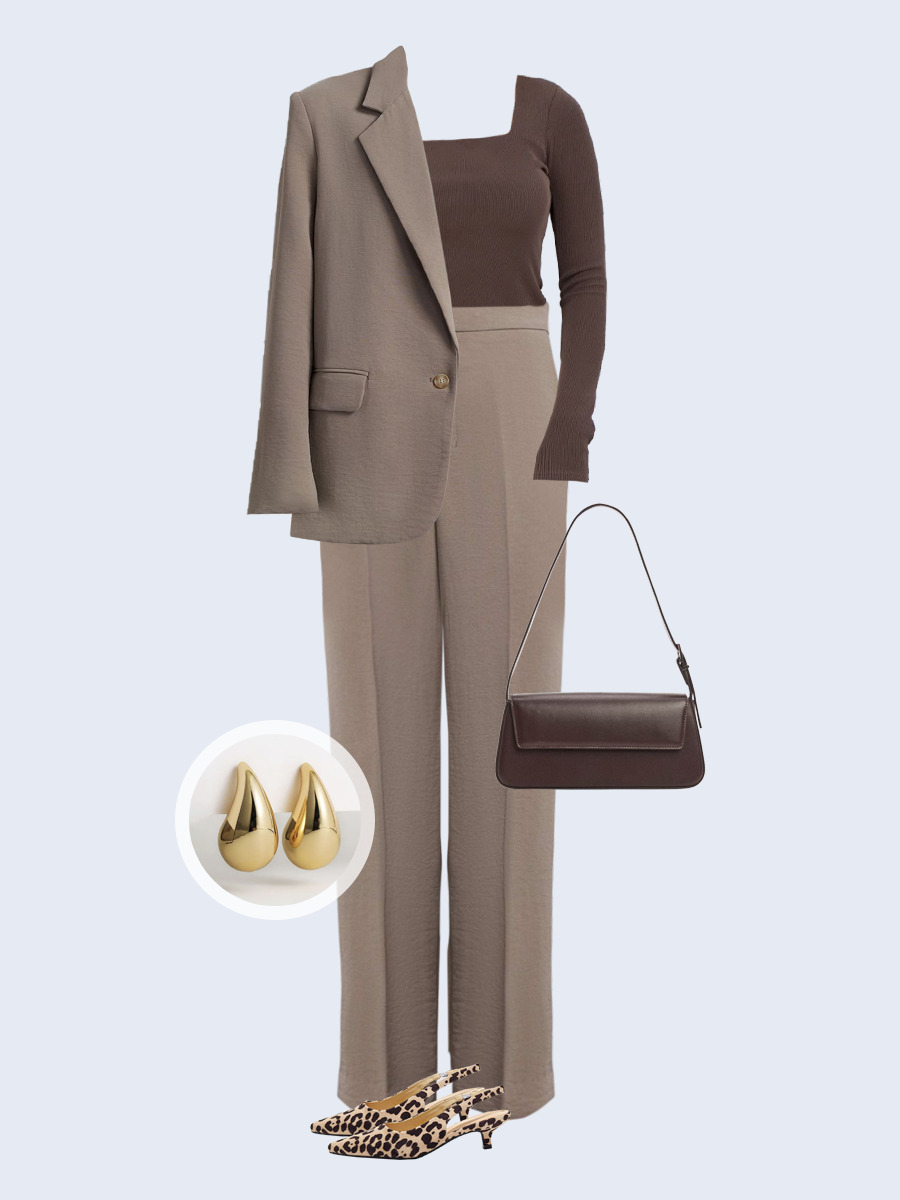 Образ с Вайлдберриз с артикулами (жакет, лонгслив, брюки, сумка, туфли, серьги)