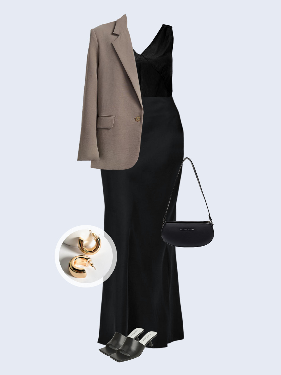 Образ с Вайлдберриз с артикулами (жакет, топ, юбка, сумка, мюли, серьги)