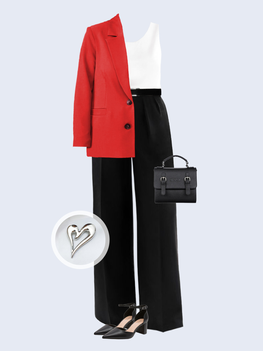 Образ с Вайлдберриз с артикулами (жакет, топ, брюки, сумка, туфли, брошь, ремень)