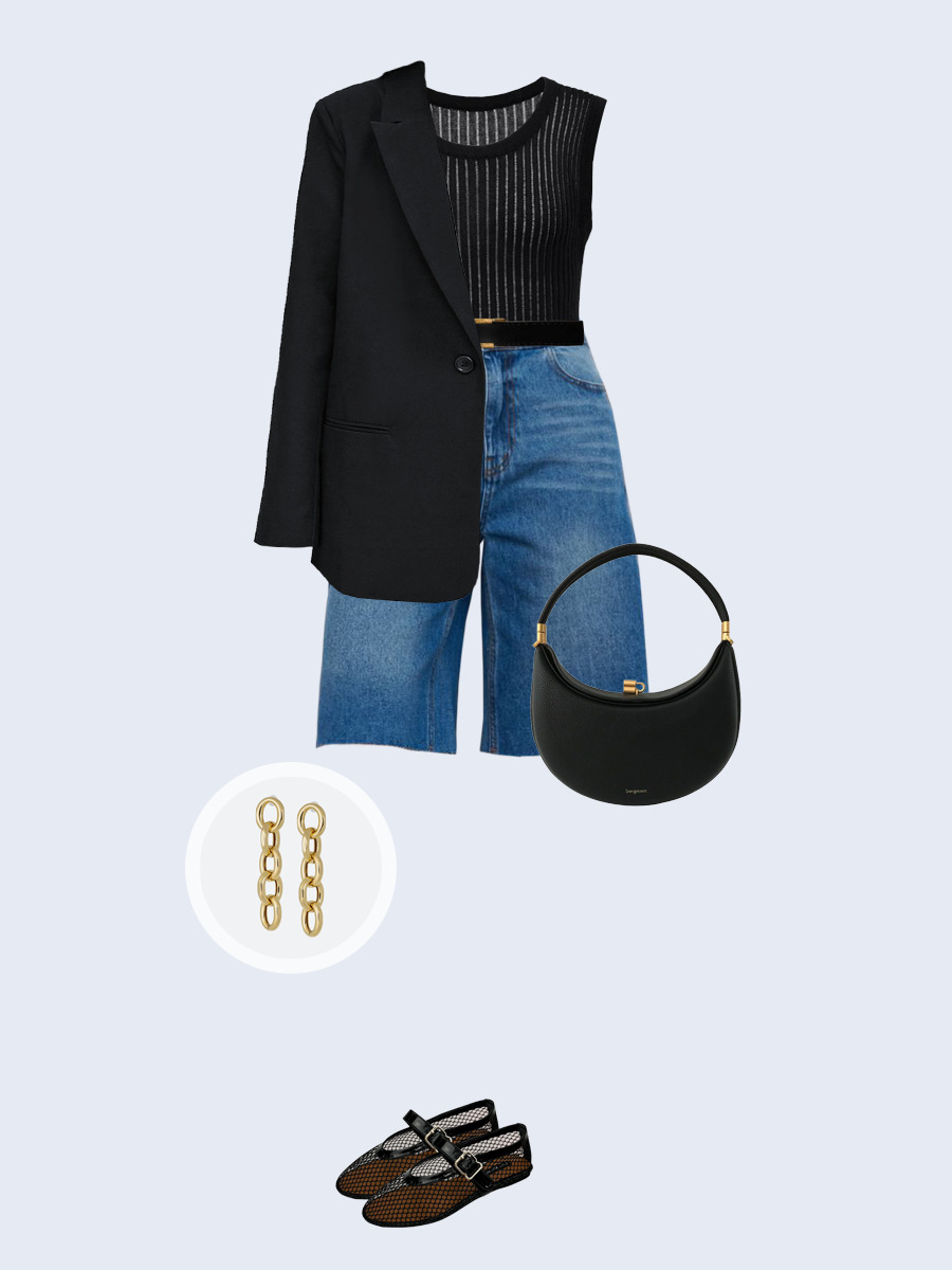 Образ с Вайлдберриз с артикулами (жакет, топ, шорты, сумка, балетки, серьги, ремень)