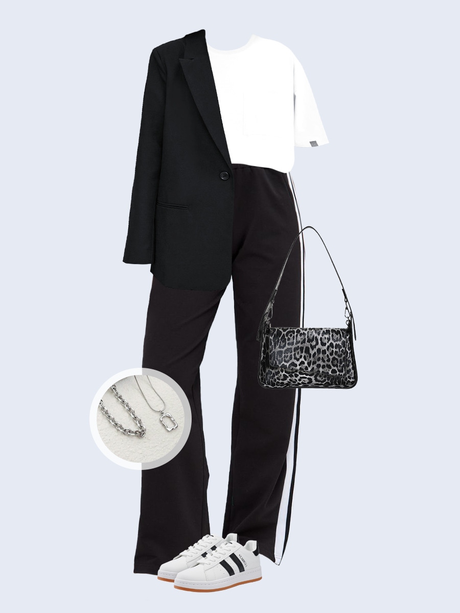 Образ с Вайлдберриз с артикулами (жакет, футболка, брюки, сумка, кроссовки, колье)