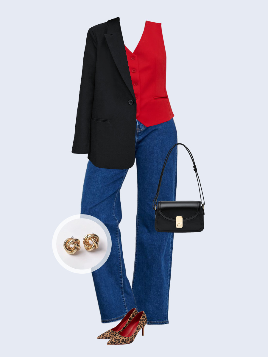 Образ с Вайлдберриз с артикулами (жакет, жилет, джинсы, сумка, туфли, серьги)