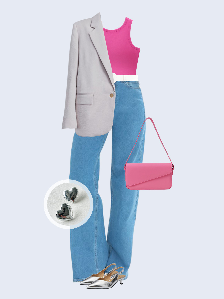 Образ с Вайлдберриз с артикулами (жакет, топ, джинсы, сумка, туфли, серьги, ремень)