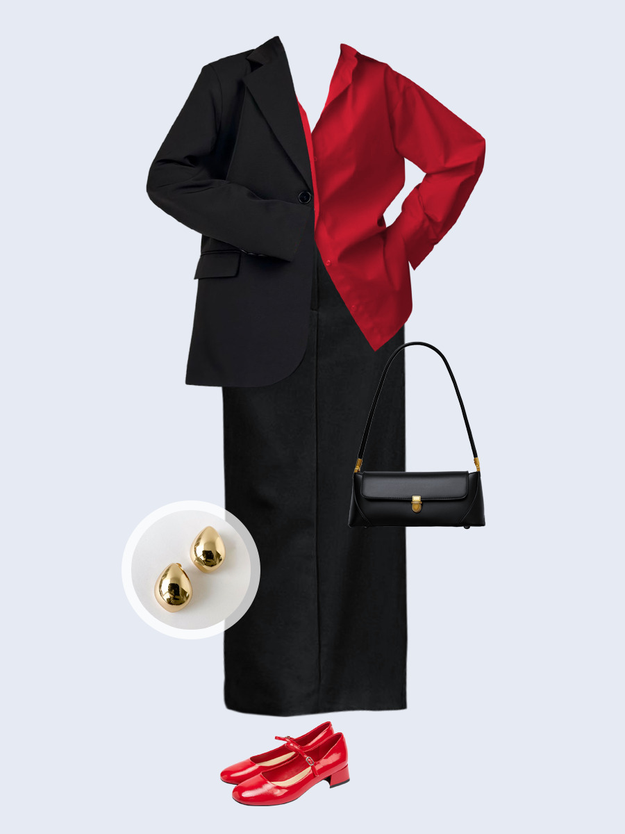 Образ с Вайлдберриз с артикулами (жакет, рубашка, юбка, сумка, туфли, серьги)