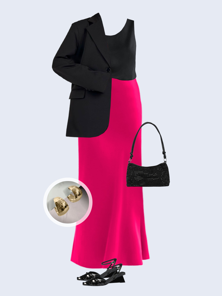 Образ с Вайлдберриз с артикулами (жакет, топ, юбка, сумка, туфли, серьги)