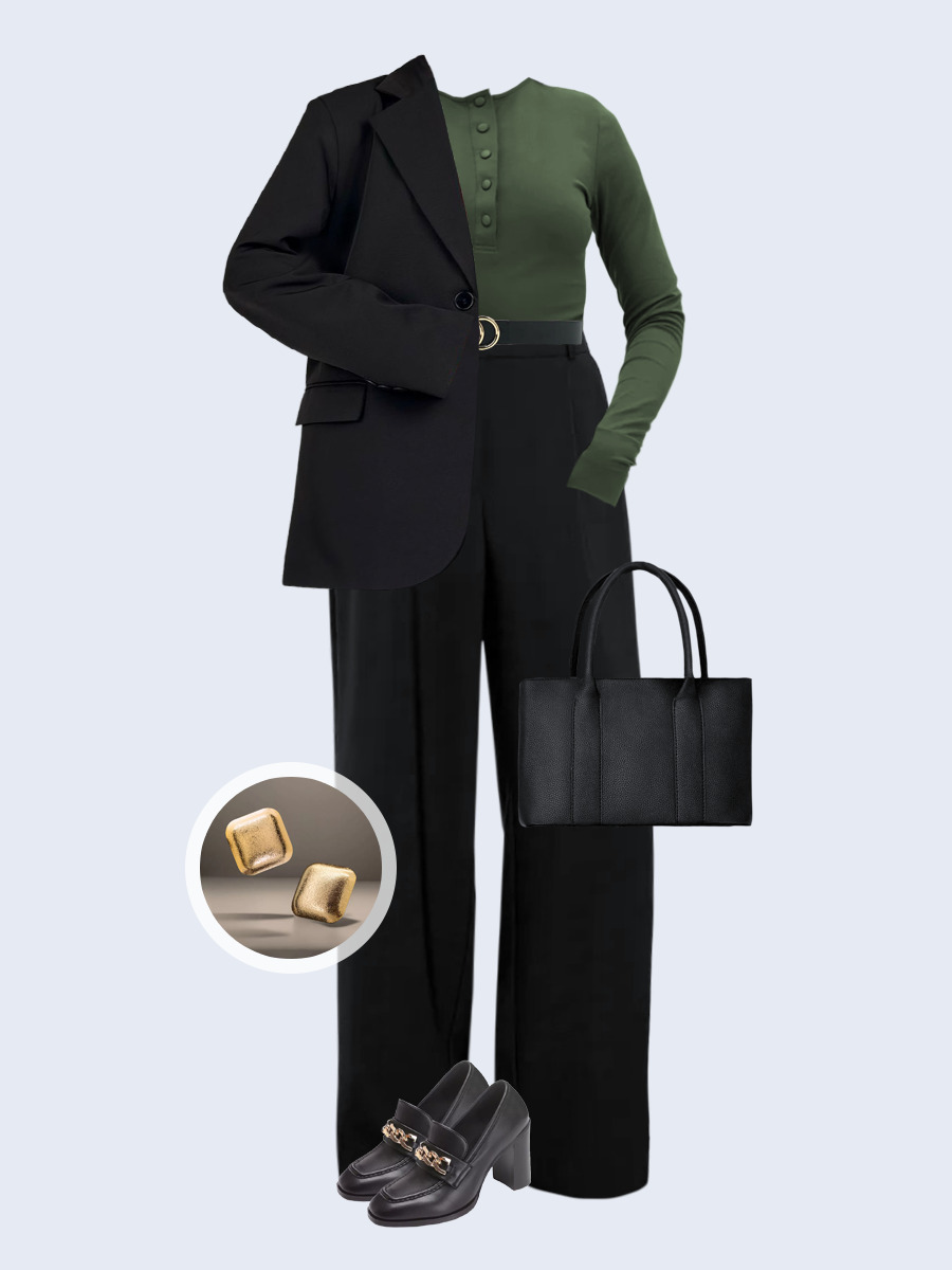 Образ с Вайлдберриз с артикулами (жакет, лонгслив, брюки, сумка, туфли, серьги, ремень)