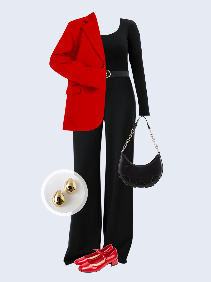 Образ с Вайлдберриз с артикулами (жакет, лонгслив, брюки, сумка, туфли, серьги, ремень)