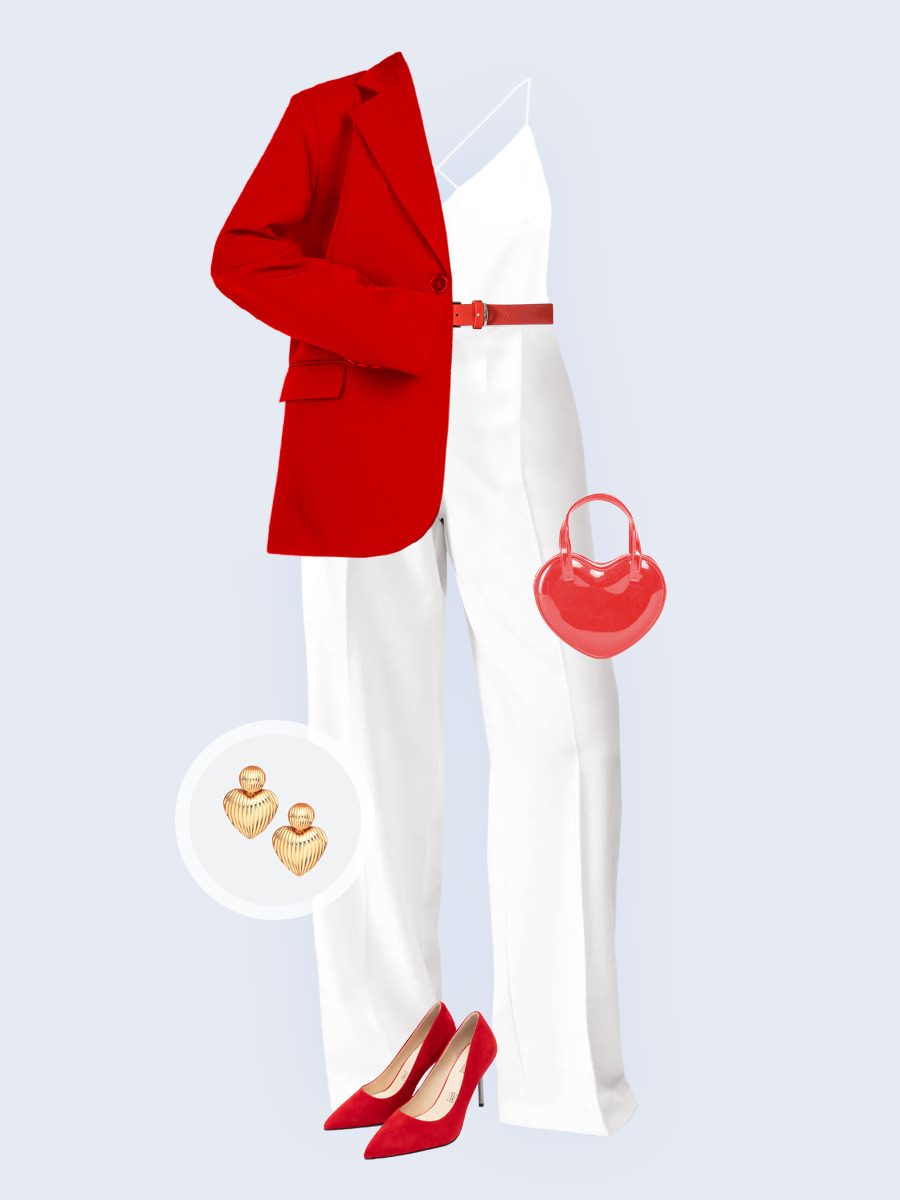 Образ с Вайлдберриз с артикулами (жакет, топ, брюки, сумка, туфли, серьги, ремень)