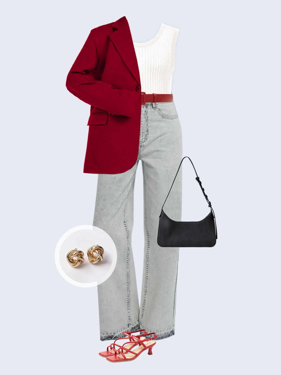 Образ с Вайлдберриз с артикулами (жакет, топ, джинсы, сумка, босоножки, серьги, ремень)