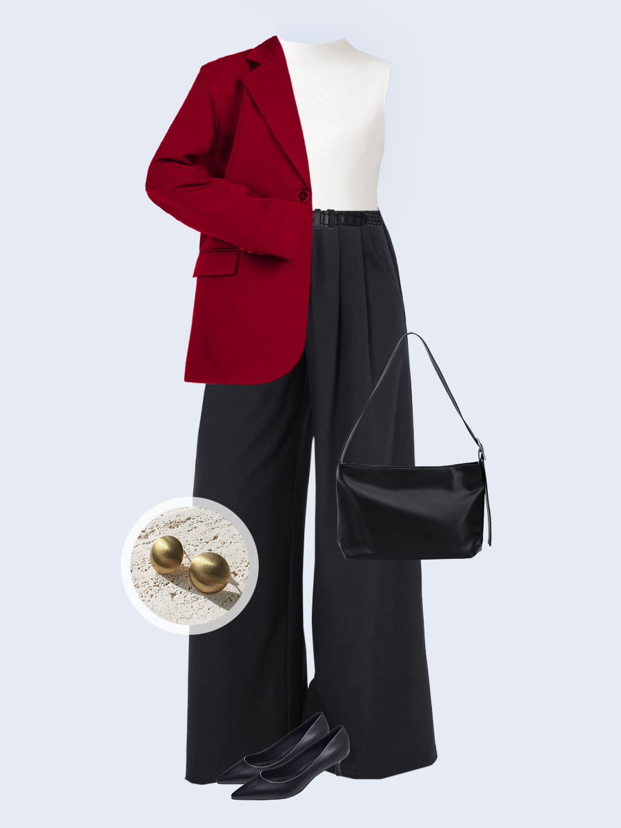 Образ с Вайлдберриз с артикулами (жакет, джемпер, брюки, сумка, туфли, серьги, ремень)