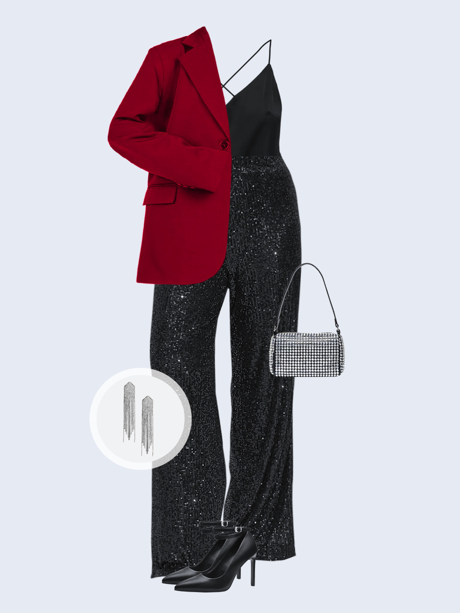 Образ с Вайлдберриз с артикулами (жакет, топ, брюки, сумка, туфли, серьги)