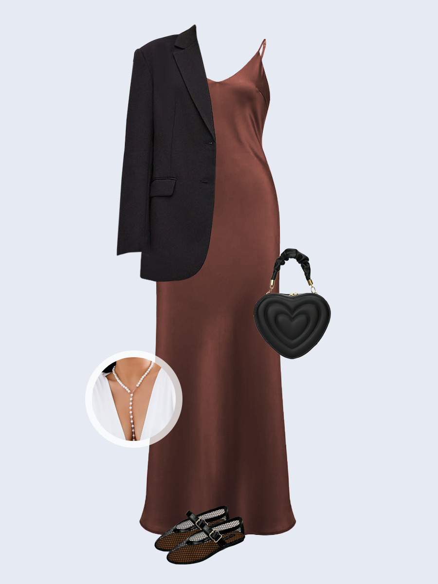 Образ с Вайлдберриз с артикулами (жакет, платье, сумка, балетки, ожерелье)