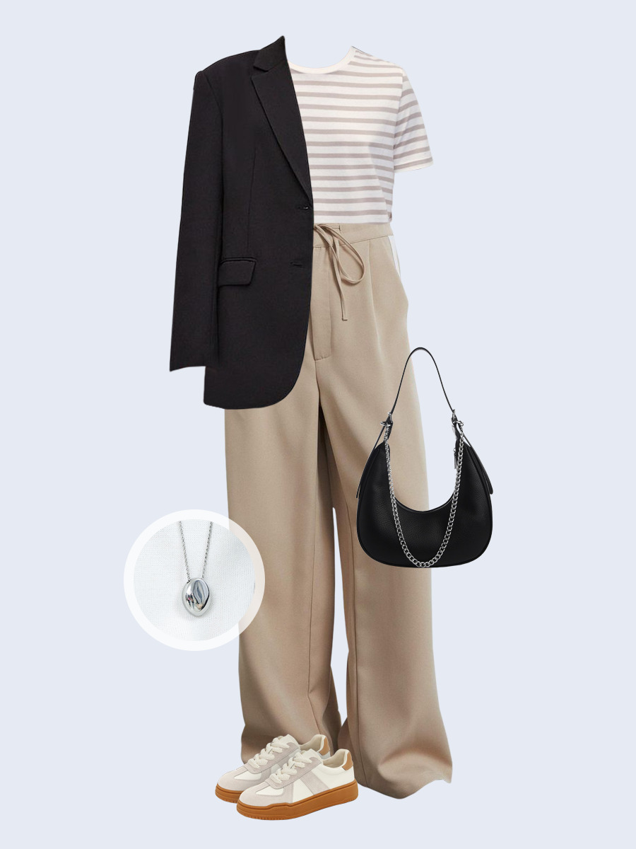 Образ с Вайлдберриз с артикулами (жакет, футболка, брюки, сумка, кеды, кулон)