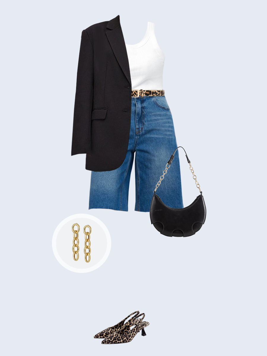 Образ с Вайлдберриз с артикулами (жакет, майка, шорты, сумка, туфли, серьги, ремень)