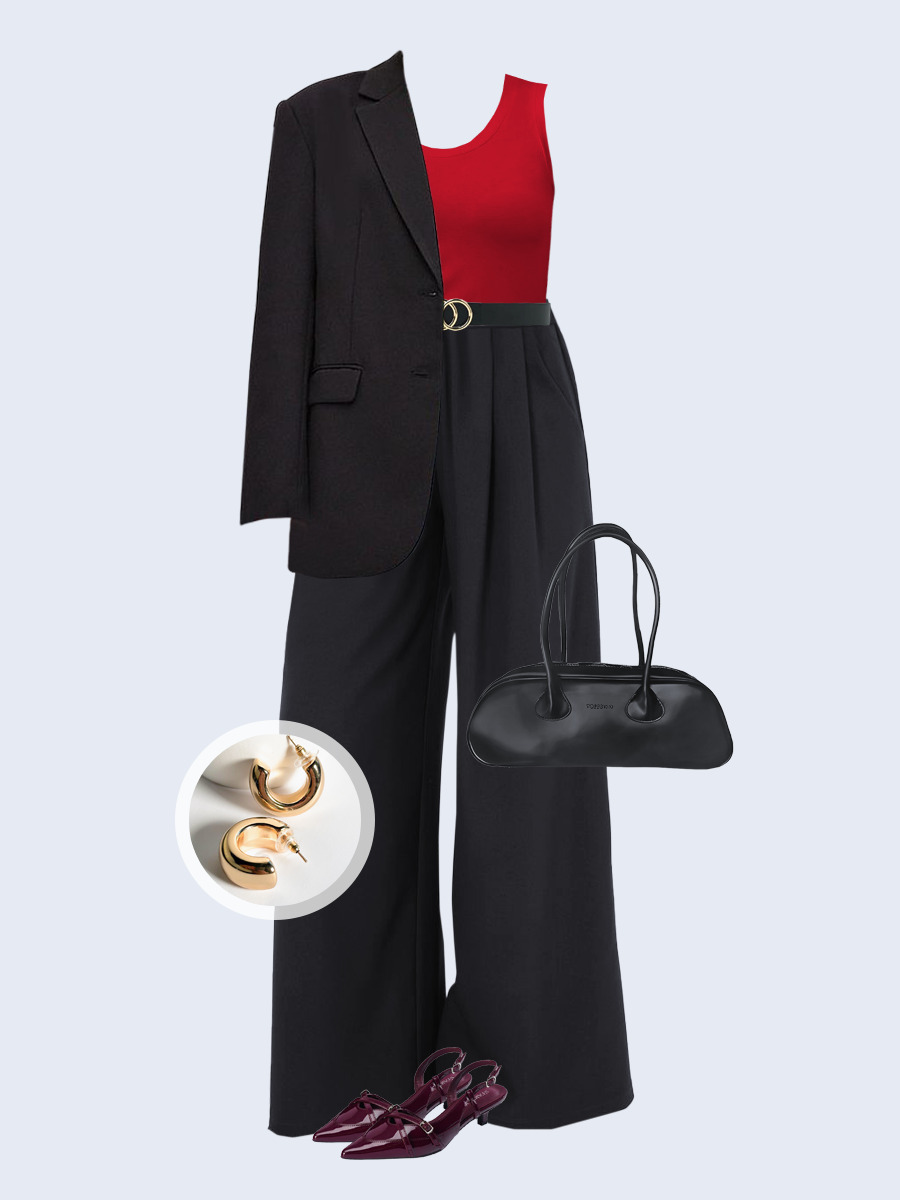 Образ с Вайлдберриз с артикулами (жакет, топ, брюки, сумка, туфли, серьги, ремень)