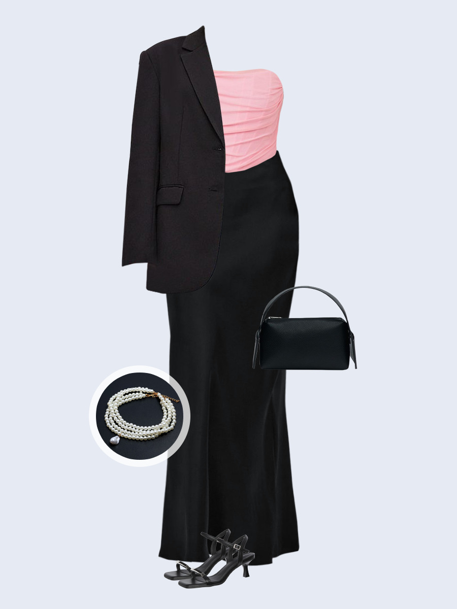 Образ с Вайлдберриз с артикулами (жакет, топ, юбка, сумка, босоножки, чокер)