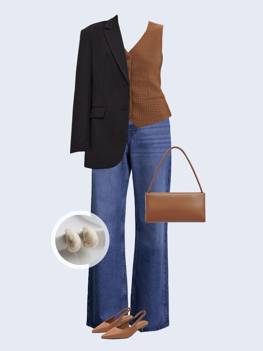 Образ с Вайлдберриз с артикулами (жакет, жилет, джинсы, сумка, туфли, серьги)