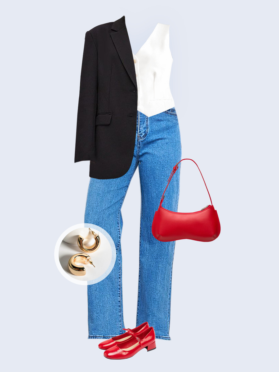 Образ с Вайлдберриз с артикулами (жакет, жилет, джинсы, сумка, туфли, серьги)