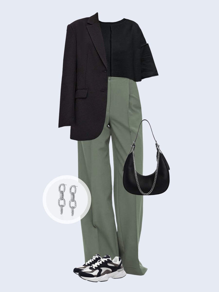 Образ с Вайлдберриз с артикулами (жакет, футболка, брюки, сумка, кроссовки, серьги)