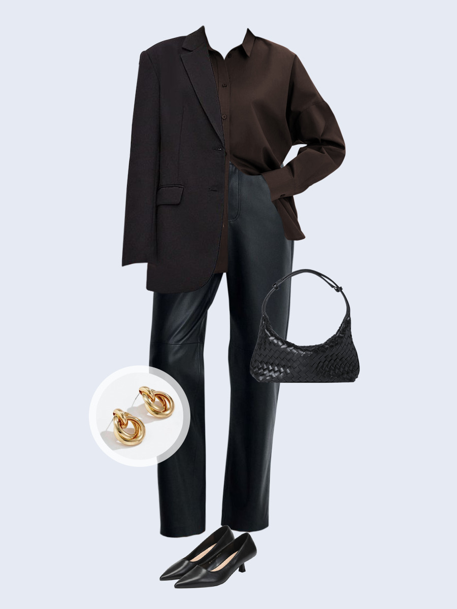 Образ с Вайлдберриз с артикулами (жакет, рубашка, брюки, сумка, туфли, серьги)