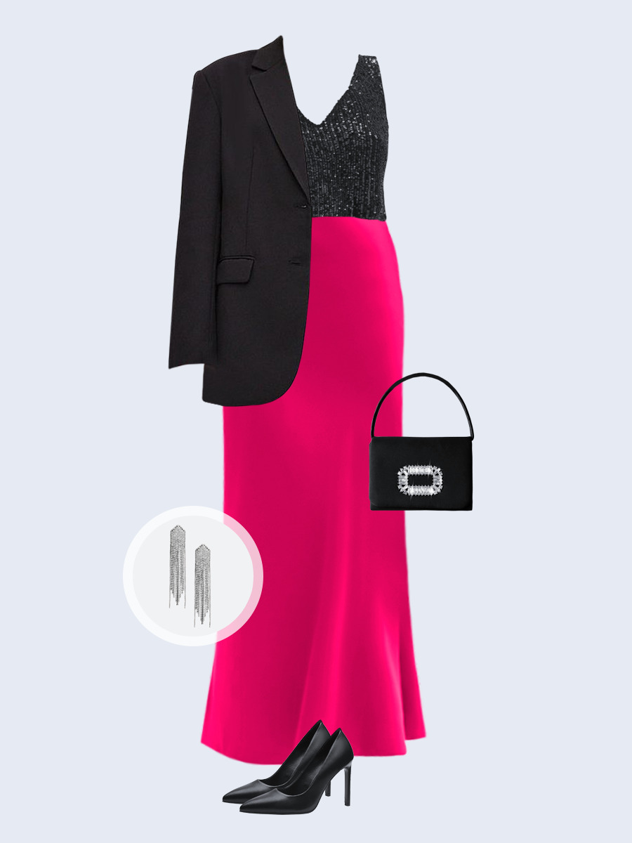 Образ с Вайлдберриз с артикулами (жакет, топ, юбка, сумка, туфли, серьги)