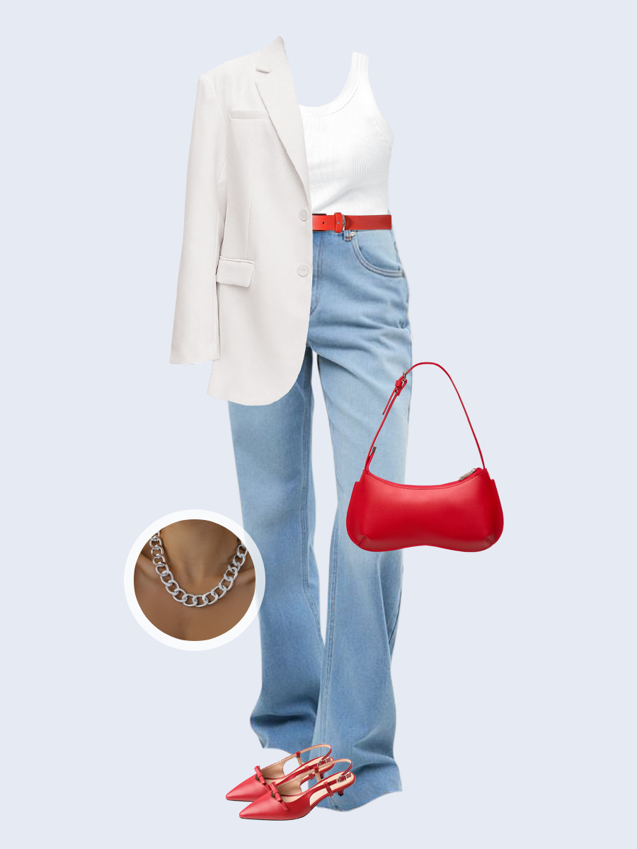 Образ с Вайлдберриз с артикулами (жакет, майка, джинсы, сумка, туфли, колье, ремень)