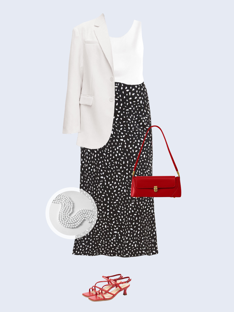 Образ с Вайлдберриз с артикулами (жакет, топ, юбка, сумка, босоножки, бусы)