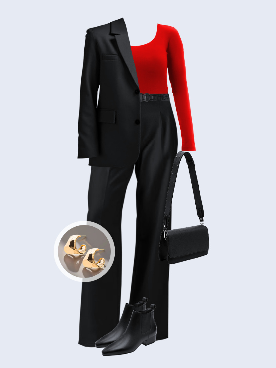 Образ с Вайлдберриз с артикулами (жакет, лонгслив, брюки, сумка, ботинки, серьги, ремень)