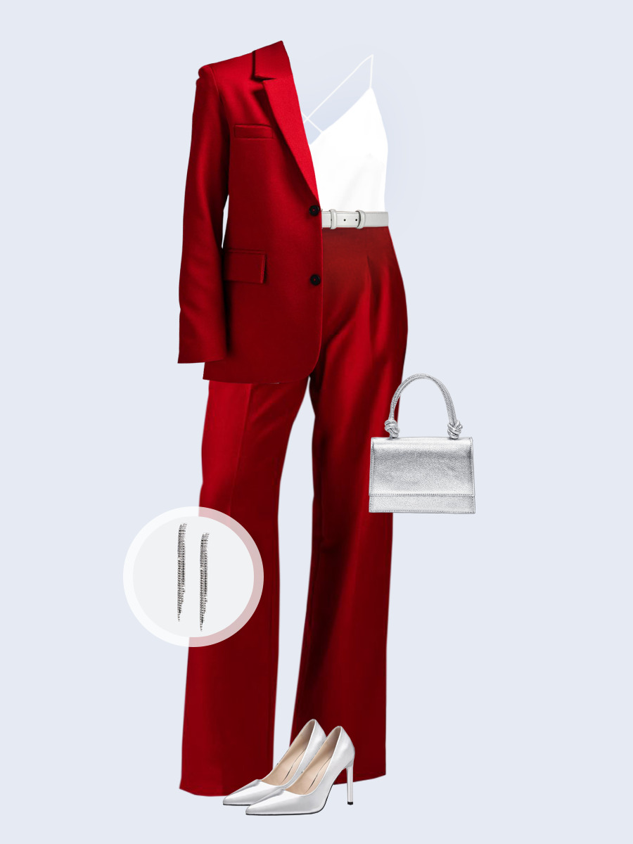 Образ с Вайлдберриз с артикулами (жакет, топ, брюки, сумка, туфли, серьги, ремень)