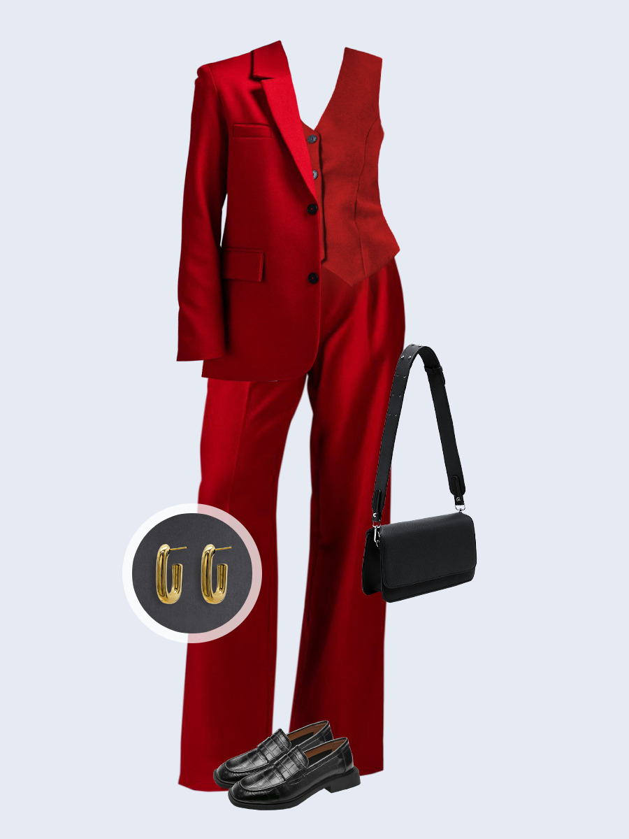 Образ с Вайлдберриз с артикулами (жакет, жилет, брюки, сумка, лоферы, серьги)