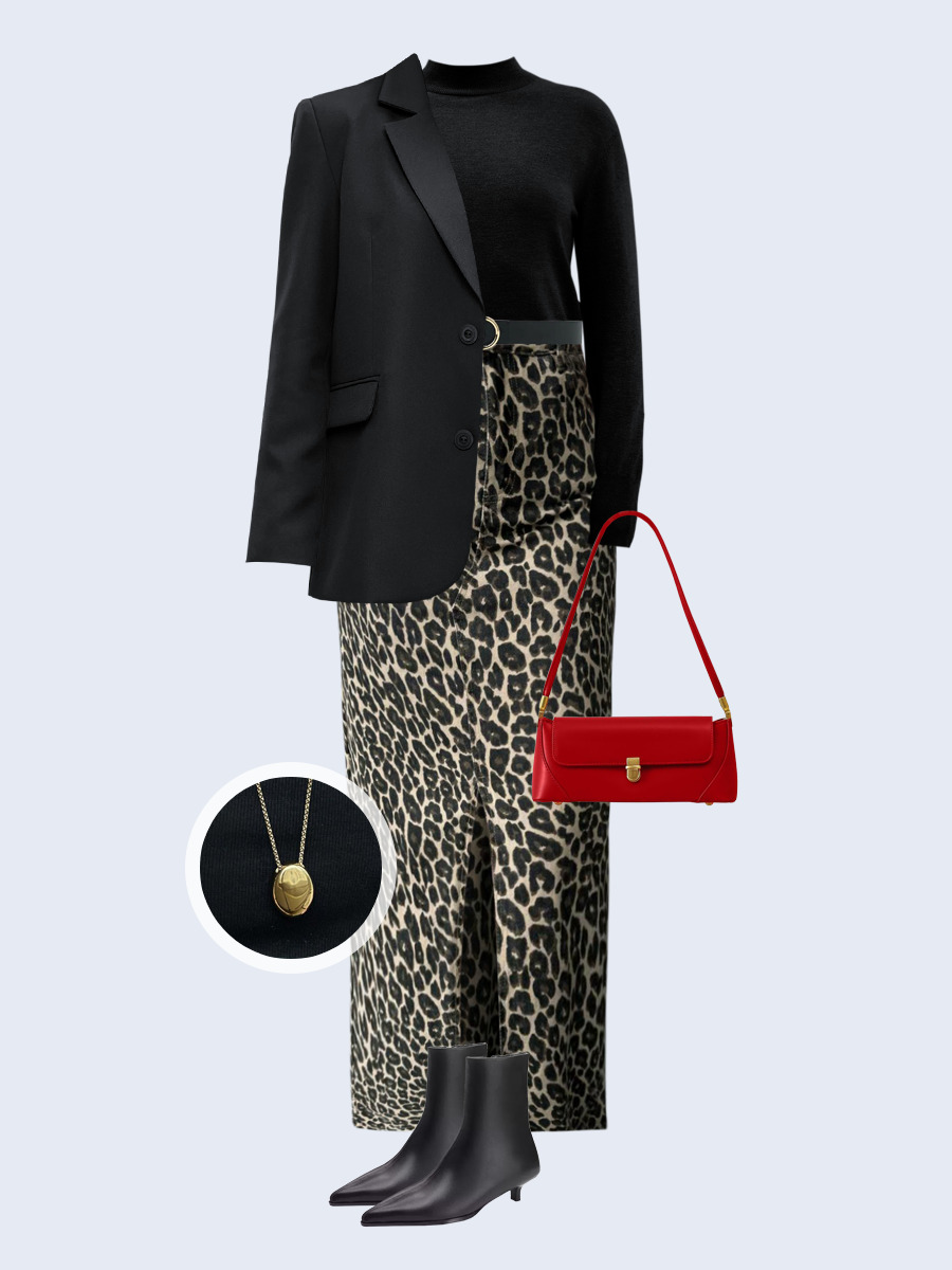 Образ с Вайлдберриз с артикулами (жакет, водолазка, юбка, сумка, ботильоны, кулон, ремень)