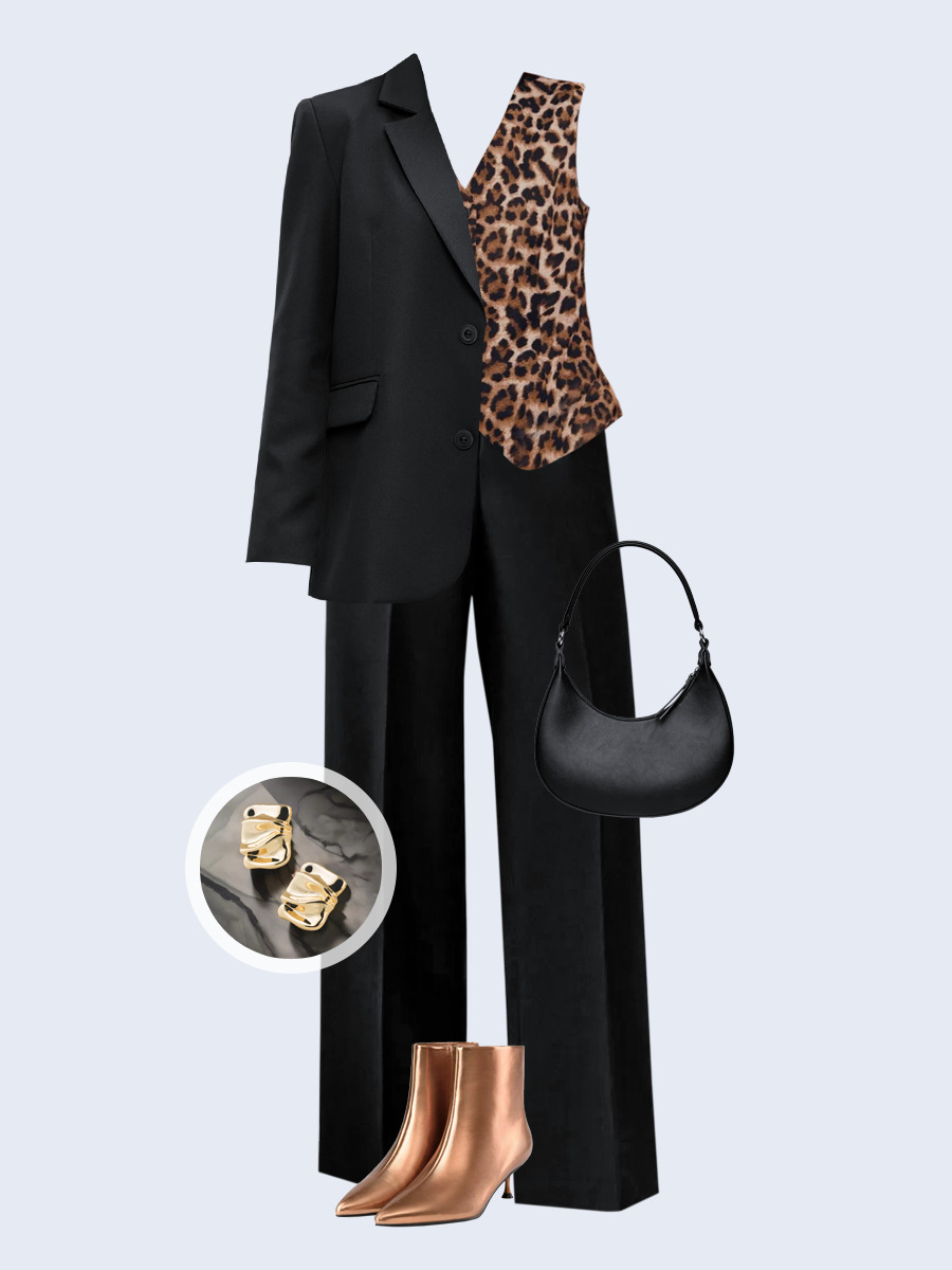 Образ с Вайлдберриз с артикулами (жакет, жилет, брюки, сумка, ботильоны, серьги)